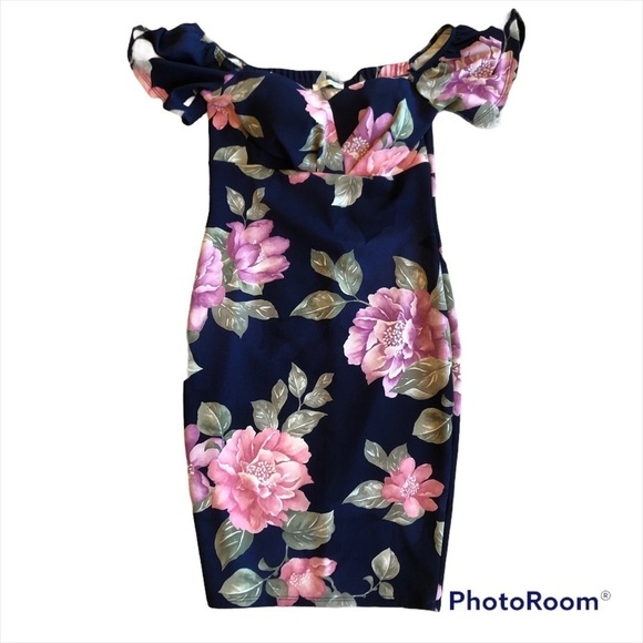 Olive Tree navy blue floral off the shoulder bodcon mini dress size small - Picture 1 of 7